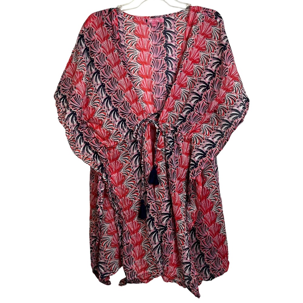 Simply Southern Pink Navy Seashell Cotton Swim‎ Cover Up Kaftan S-M